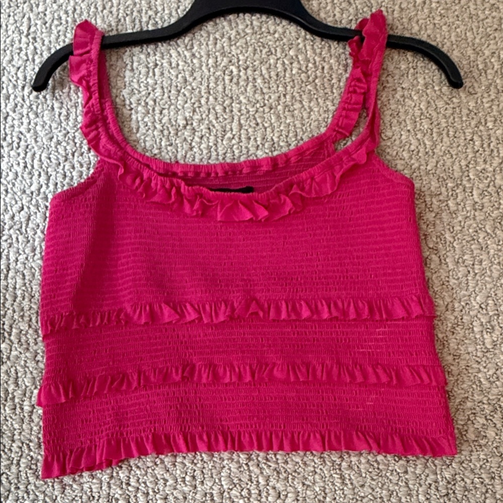 Urban Outfitters Bright Pink Ruffled Smocked Crop Top